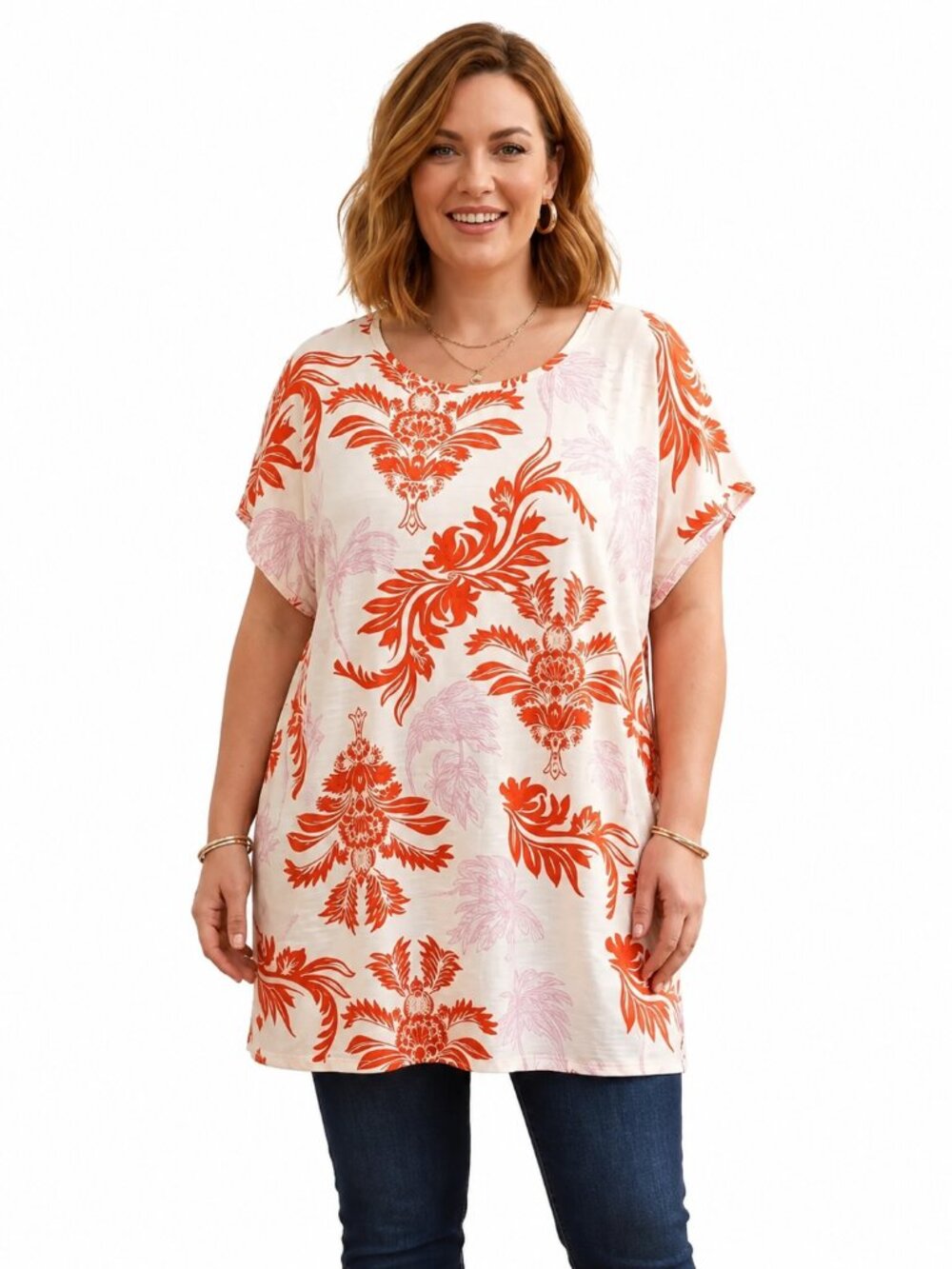 White Floral Blouse Grapefruit Color Print Size L/XL